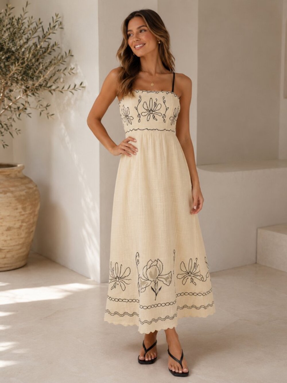 NEW Cotton Embroidered Boho Maxi Dress Floral Smocked Back Beach Vacation Beige